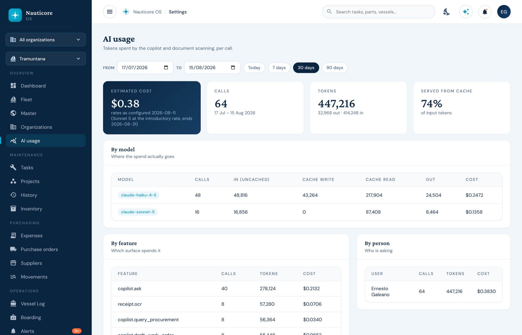 The AI usage screen, showing calls, tokens, share served from cache and cost broken down by model, feature and person.