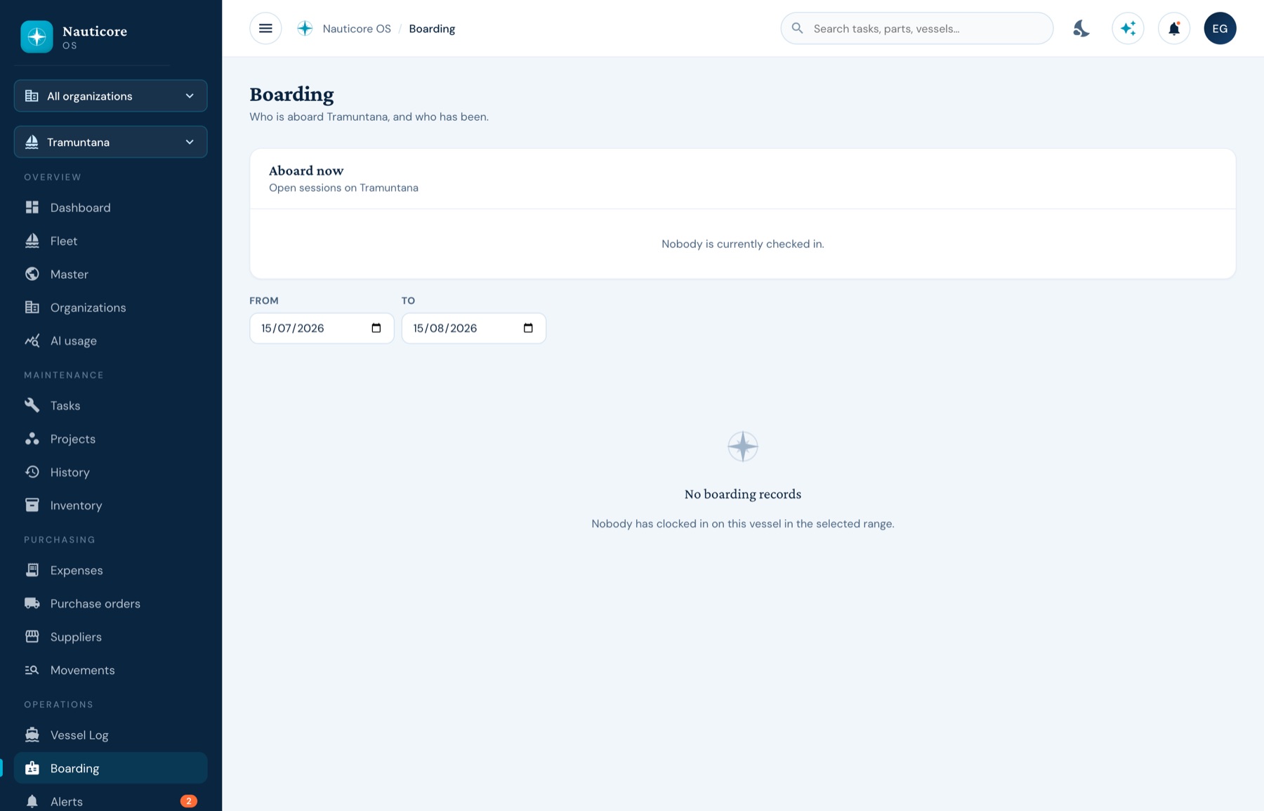 The boarding log showing who is aboard and a ledger of past sessions.