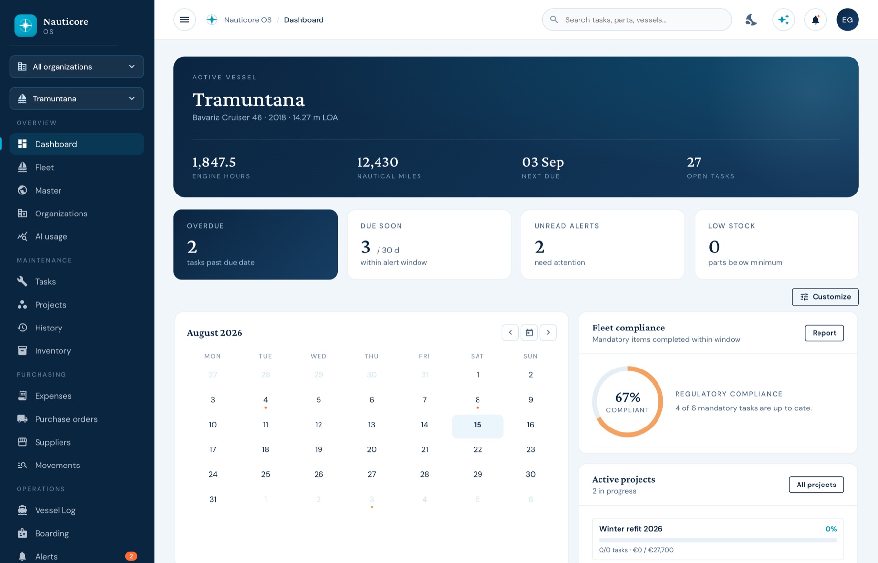 The NAUTICORE dashboard for a vessel: overdue and due-soon counts, a fleet compliance ring, a maintenance calendar and recent activity.