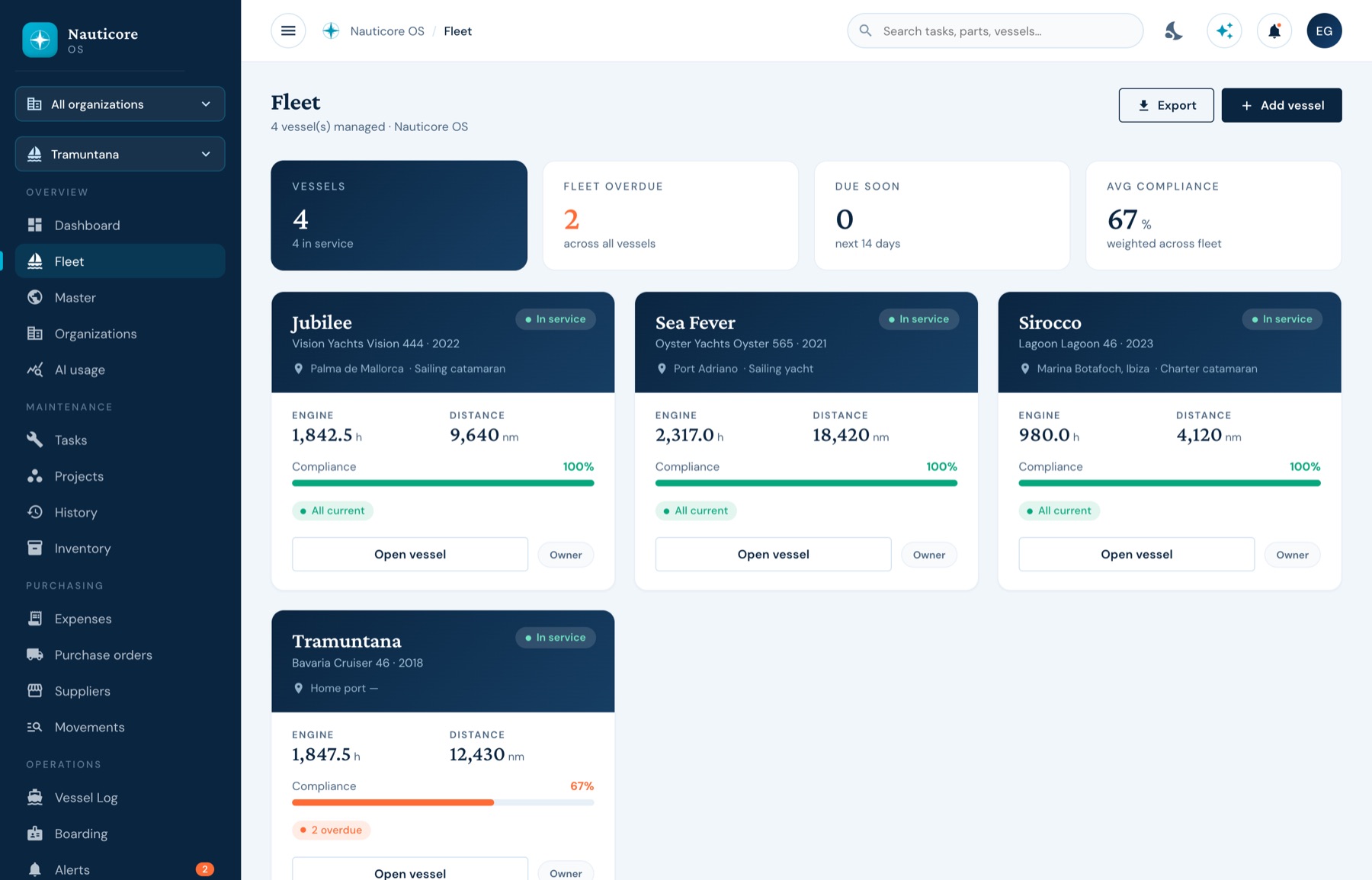 Fleet overview: a card per vessel with engine hours, distance, compliance bar and overdue counts.