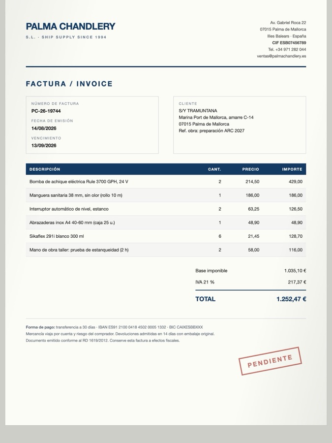 A photographed paper invoice from a chandlery in Palma, in Spanish, with line items, VAT at 21 percent and a total.