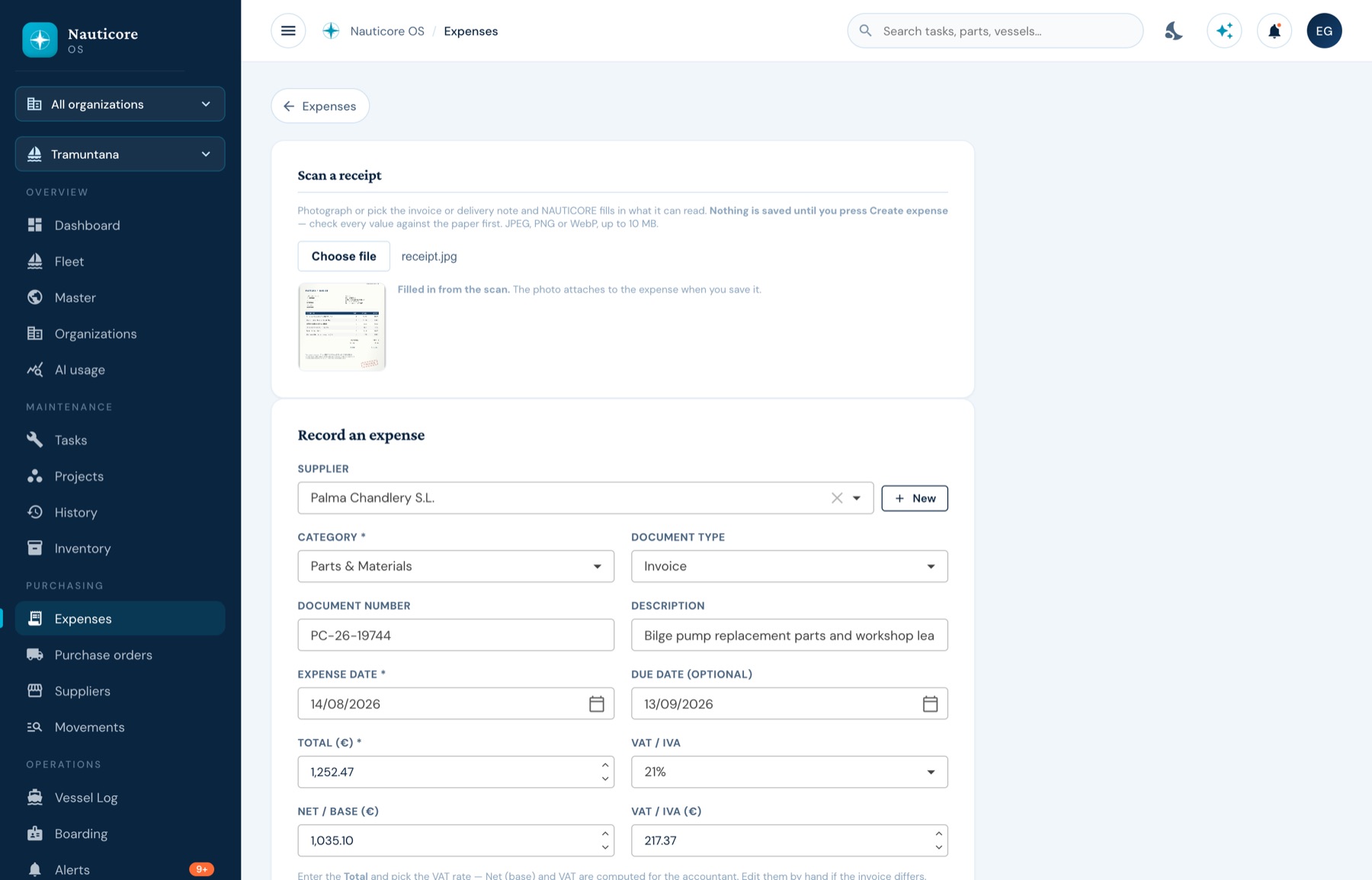 The new-expense screen already filled in from the scan: supplier, category, document number, dates, total, VAT rate and the net and VAT split.